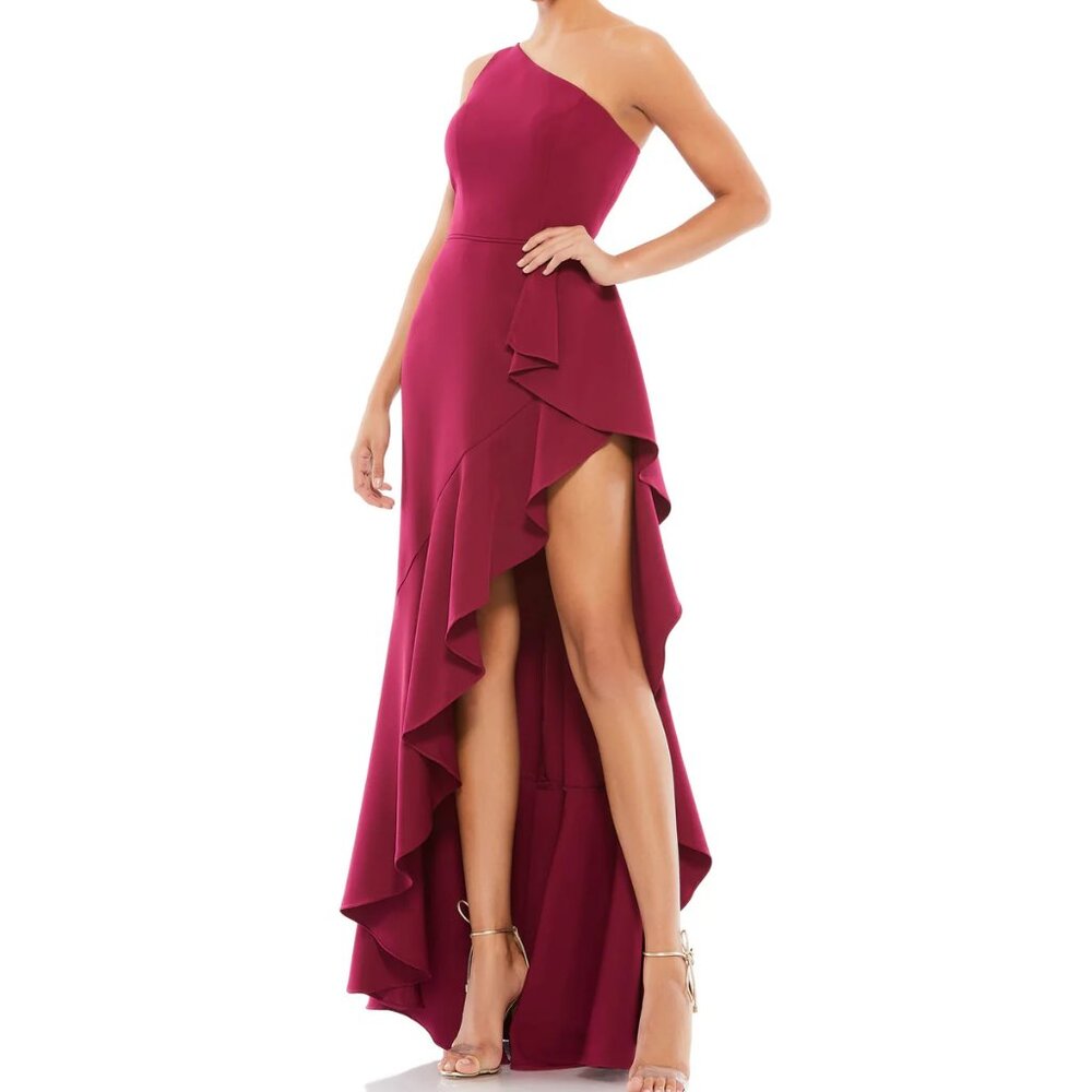 Mac Duggal 49089 One Shoulder High Slit Ruffle Gown Size 6 MSRP$ 398.00